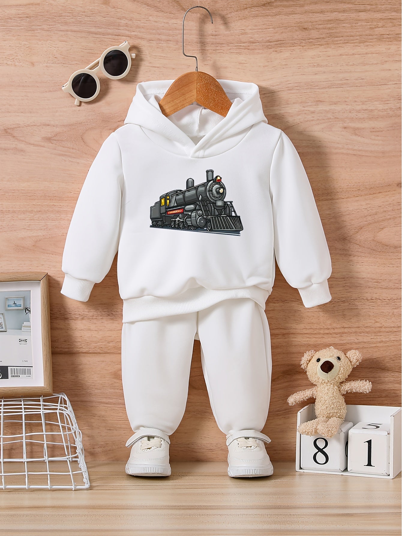 Baby Cartoon Train Print Hoodie Trousers Set
