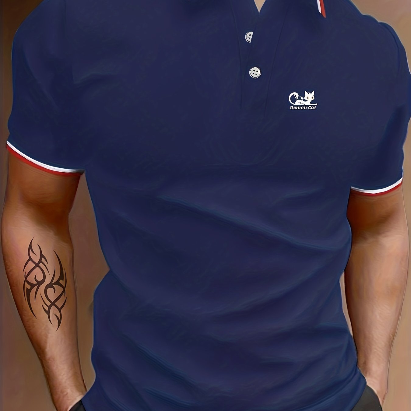 Men's Demon Cat Print Polo Shirt Casual Button Up Short Sleeve Shirt