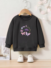 Spring Butterfly Print Girls Pullover Sweatshirt Long Sleeve Crew Neck Tops