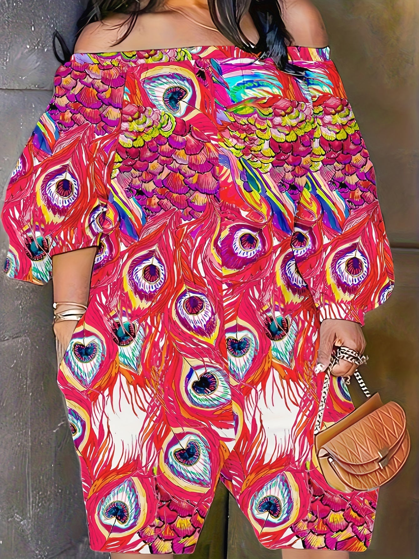 Peacock Print Off Shoulder Bubble Sleeve Romper With Pockets