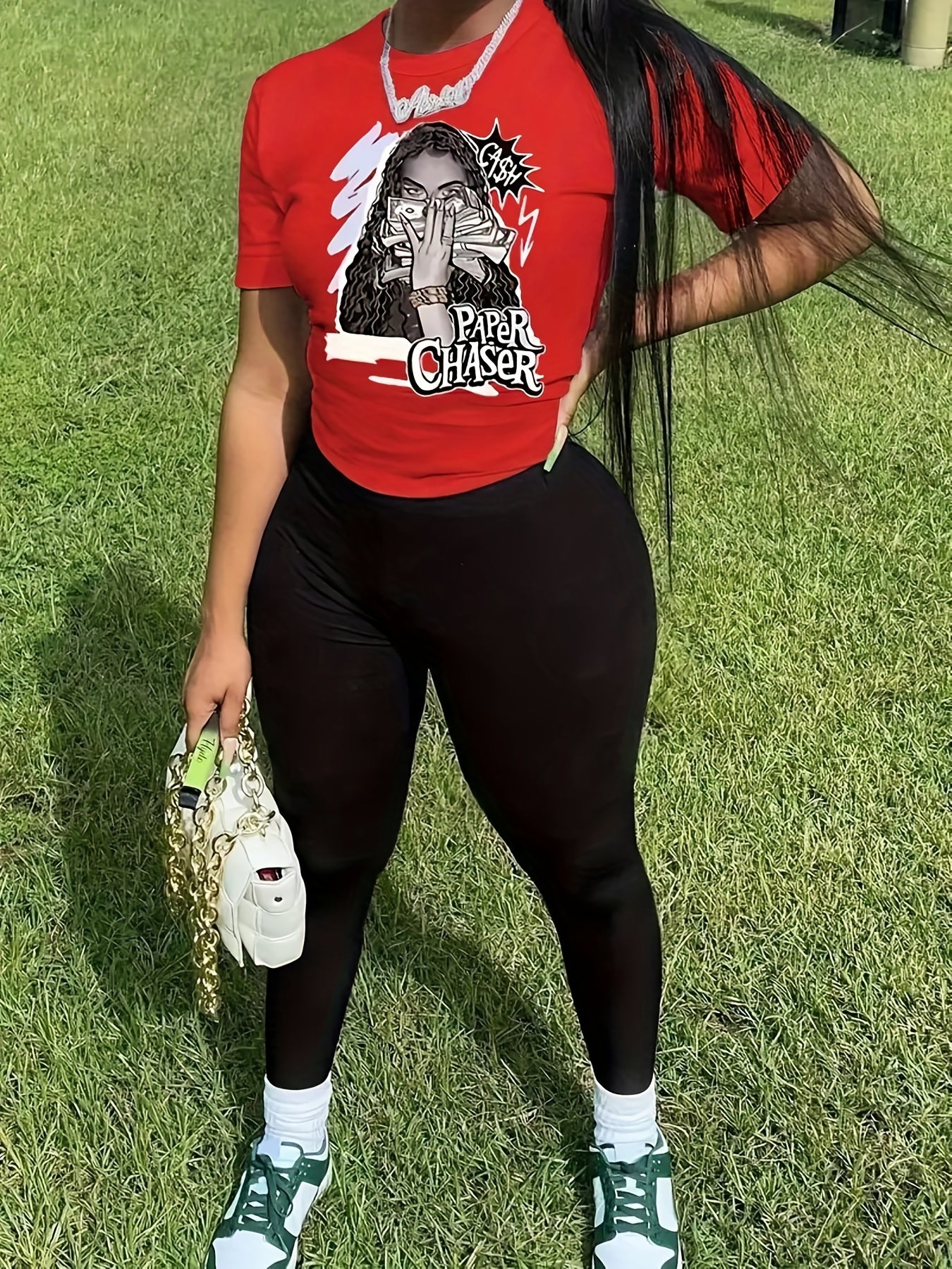 Figure Print Short Sleeve Tops & Solid Long Length Pants Outfit