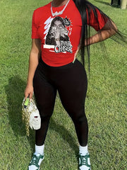 Figure Print Short Sleeve Tops & Solid Long Length Pants Outfit