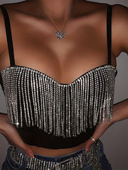 Rhinestone Tassel Crop Top Sexy V Neck Spaghetti Strap Cami