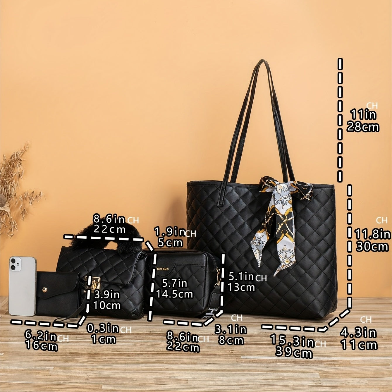 4-Piece Quilted Bag Set: Tote, Chain Bag, Purse, Crossbody w/ Scarf