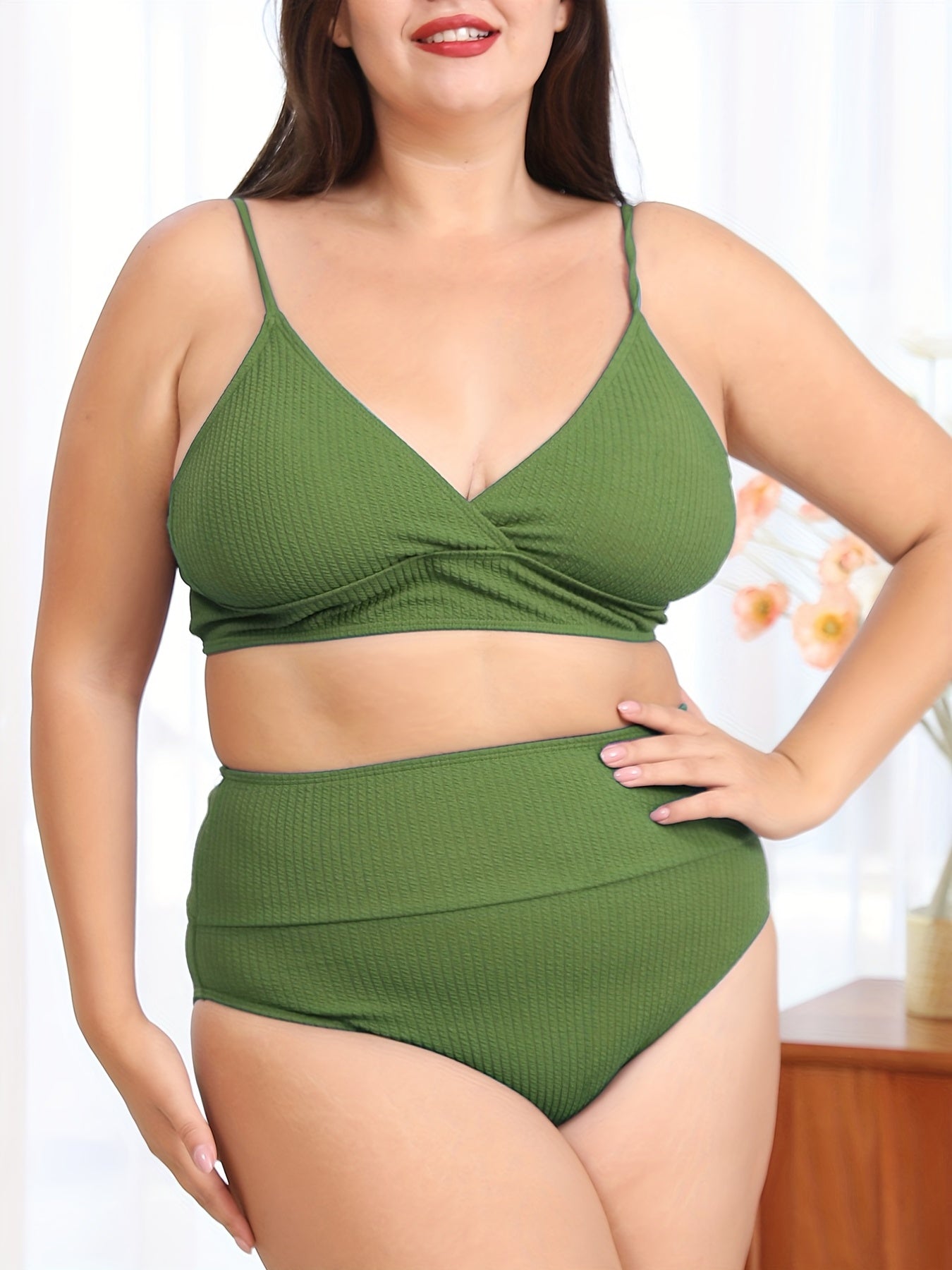 Ribbed Wrap Top & High Panty Bikini Set