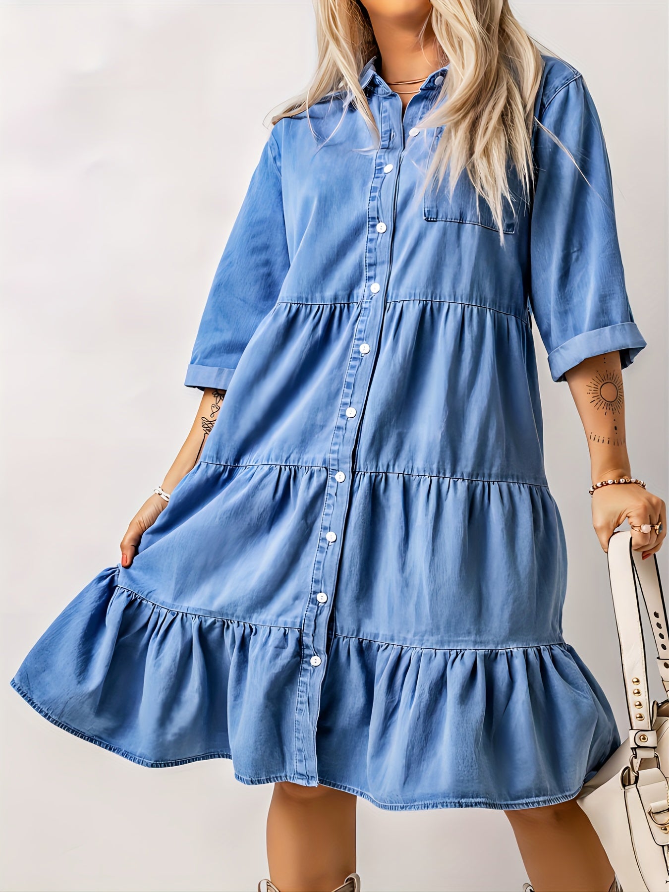 Ruched Peplum Denim Dress Single Breasted Button