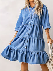 Ruched Peplum Denim Dress Single Breasted Button