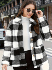 Plaid Print Teddy Coat Long Sleeve Winter Outwear