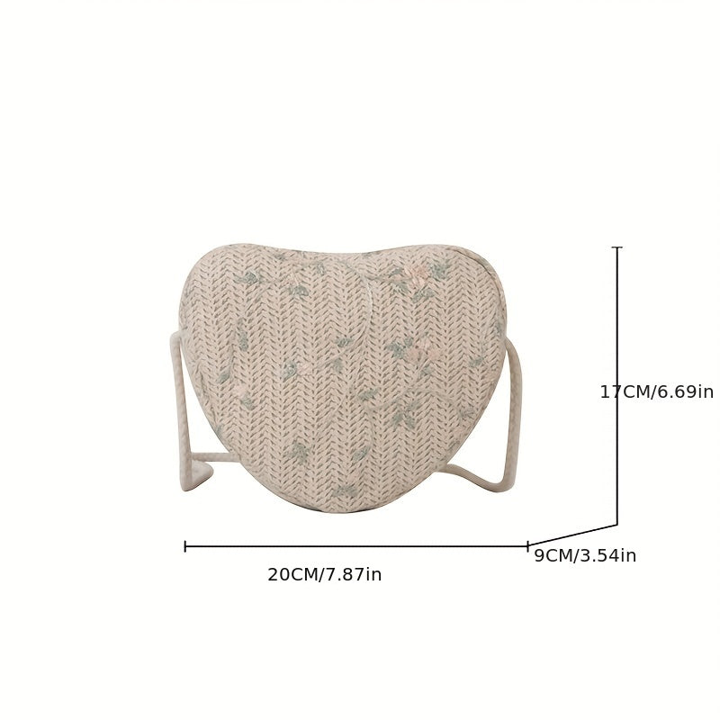 Casual Straw Woven Crossbody Bag Heart Shaped Flower Crossbody Bag