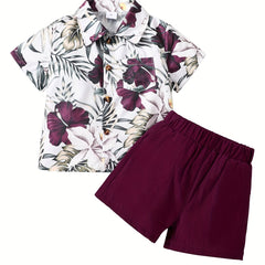2pcs Boys Summer Floral Print T Shirt & Shorts Set