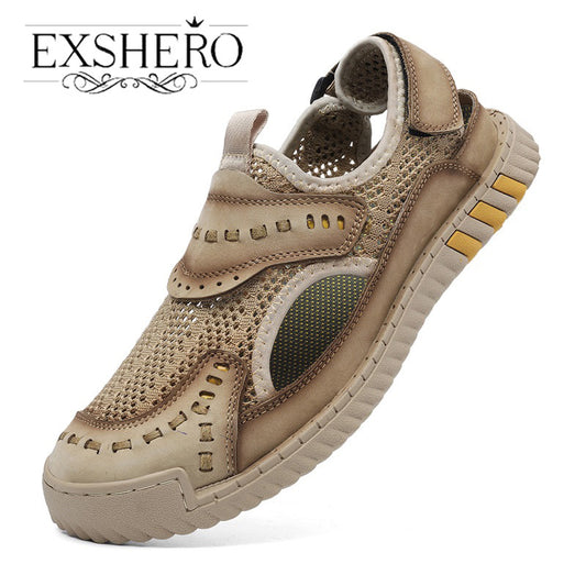 EXSHERO Men's Leather Sandals Durable Outdoor Hiking Beach Water Shoes