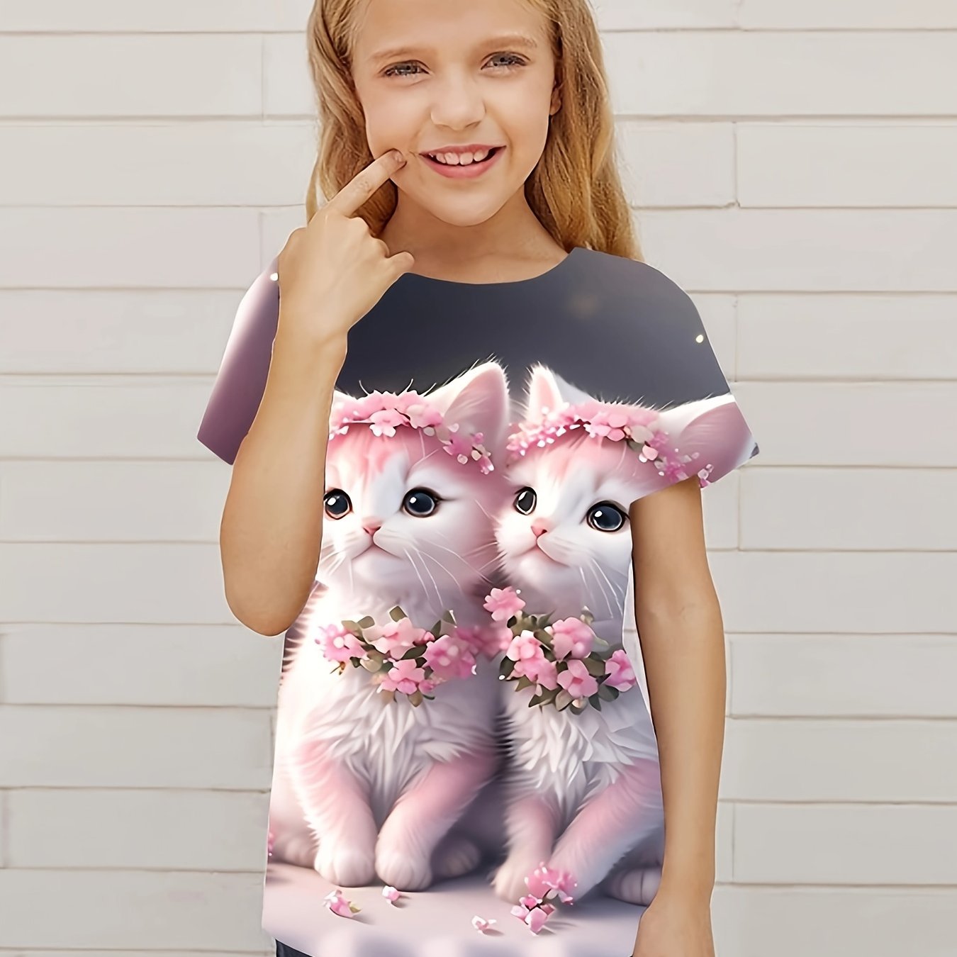 Cat & Flower Graphic Short Sleeve T shirt for Girls Summer Sports