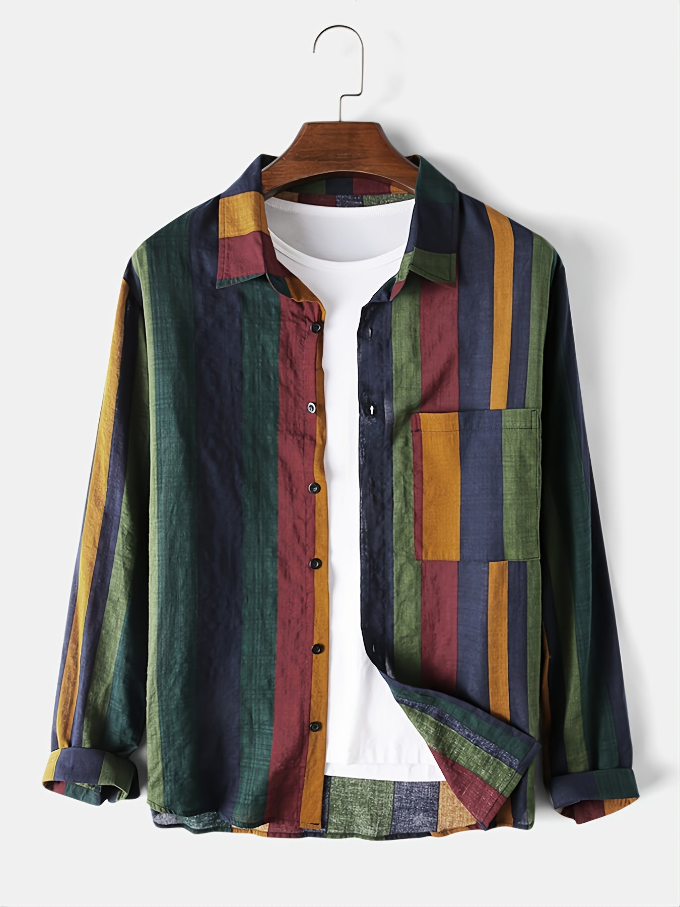 Men's Casual Cotton Linen Striped Shirts, Long Sleeves, Beach Holiday