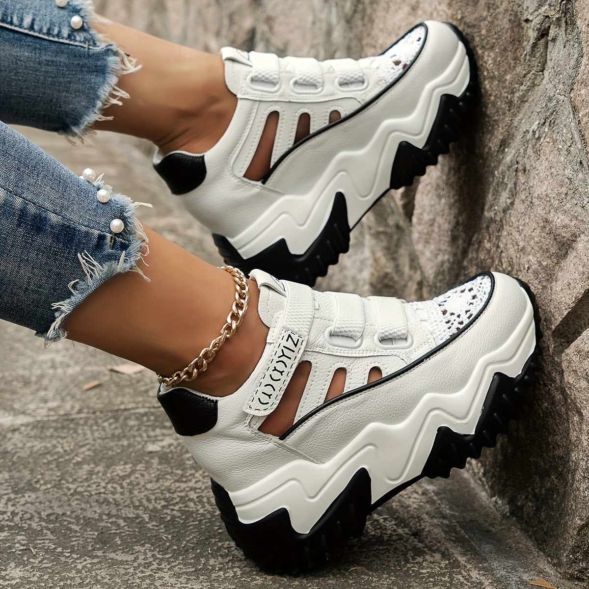 Women's Cutout Platform Sneakers Casual Hook & Loop Shoes