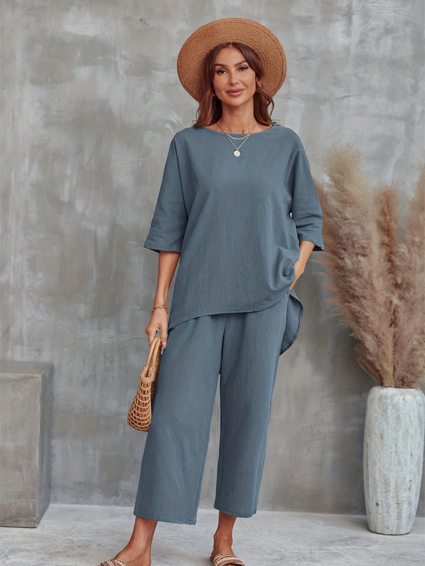 Casual Two piece Set Crew Neck 3 4 Sleeve Tops & Wide Leg Cropped Pants