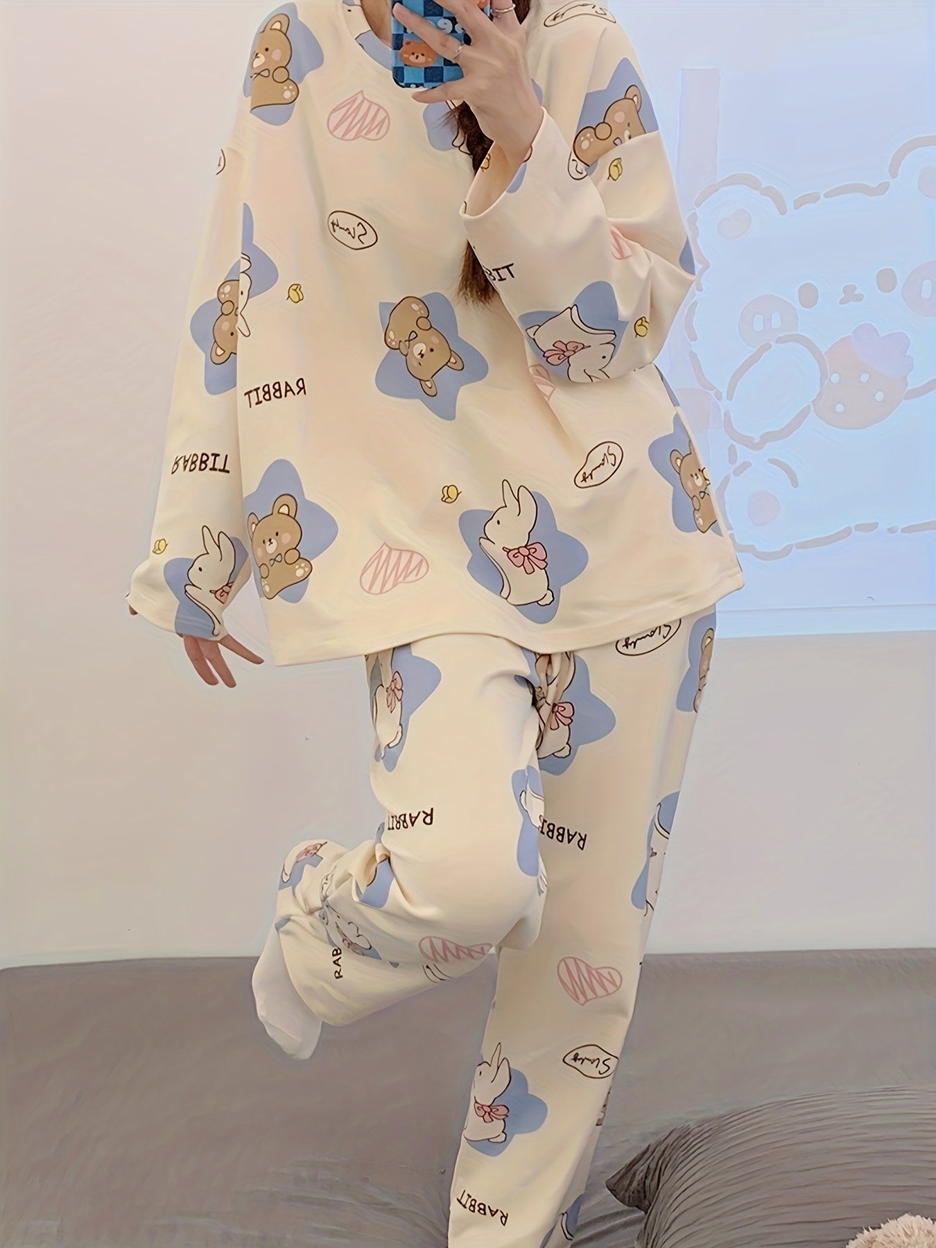 Bear Print Pajama Set Long Sleeve Crew Neck Top & Pants
