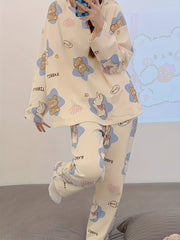 Bear Print Pajama Set Long Sleeve Crew Neck Top & Pants