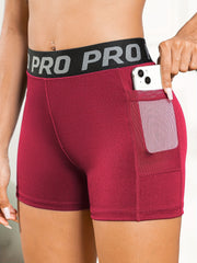 Letter Pattern High Waist Yoga Shorts With Pocket