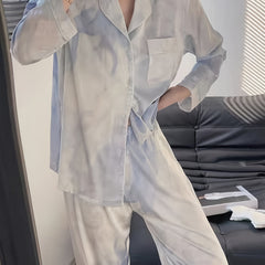 Colorblock Print Pajama Set Long Sleeve Buttons Top & Elastic Waistband Pants