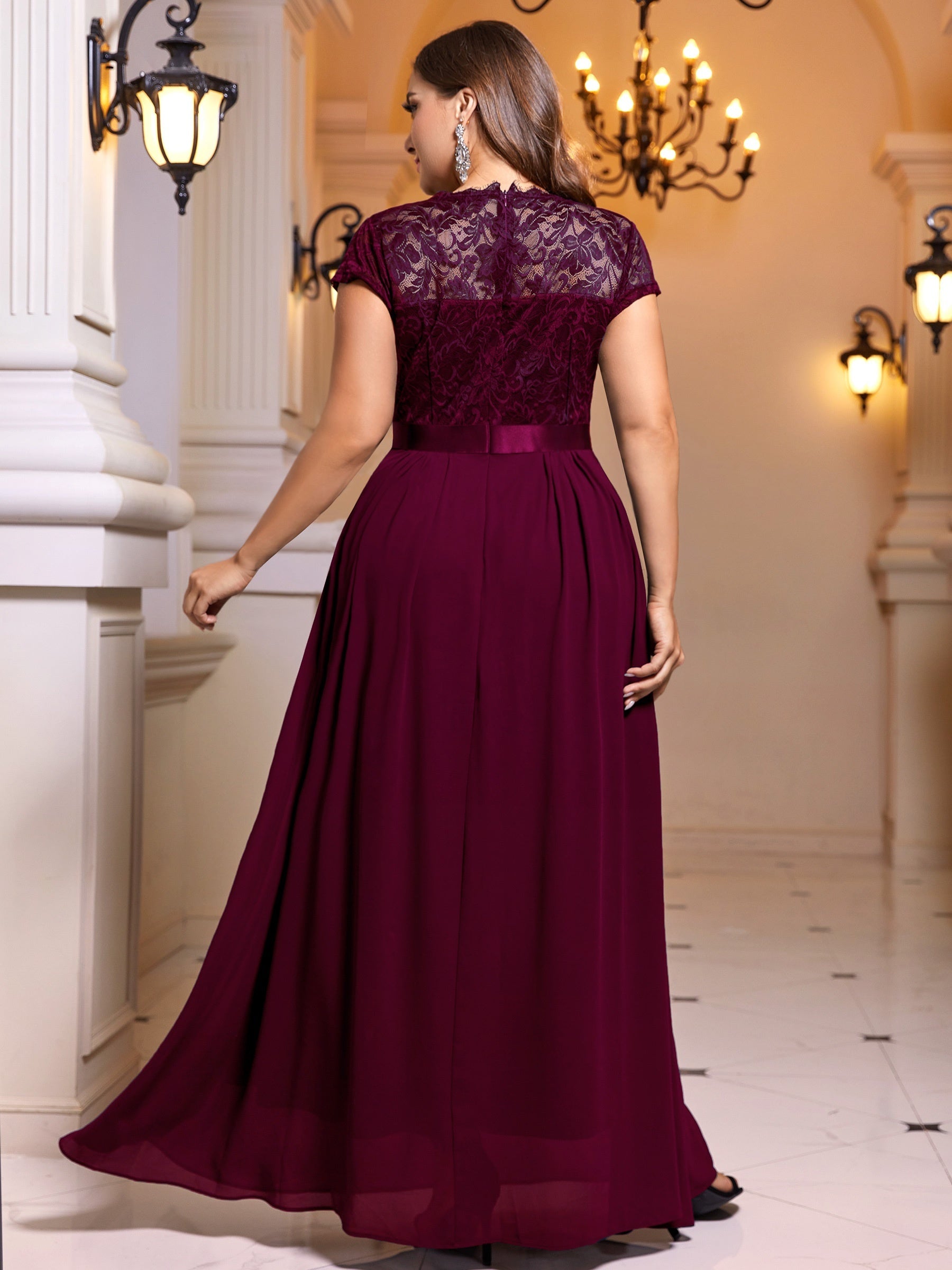 Contrast Lace Cap Sleeve Bridesmaid Dress