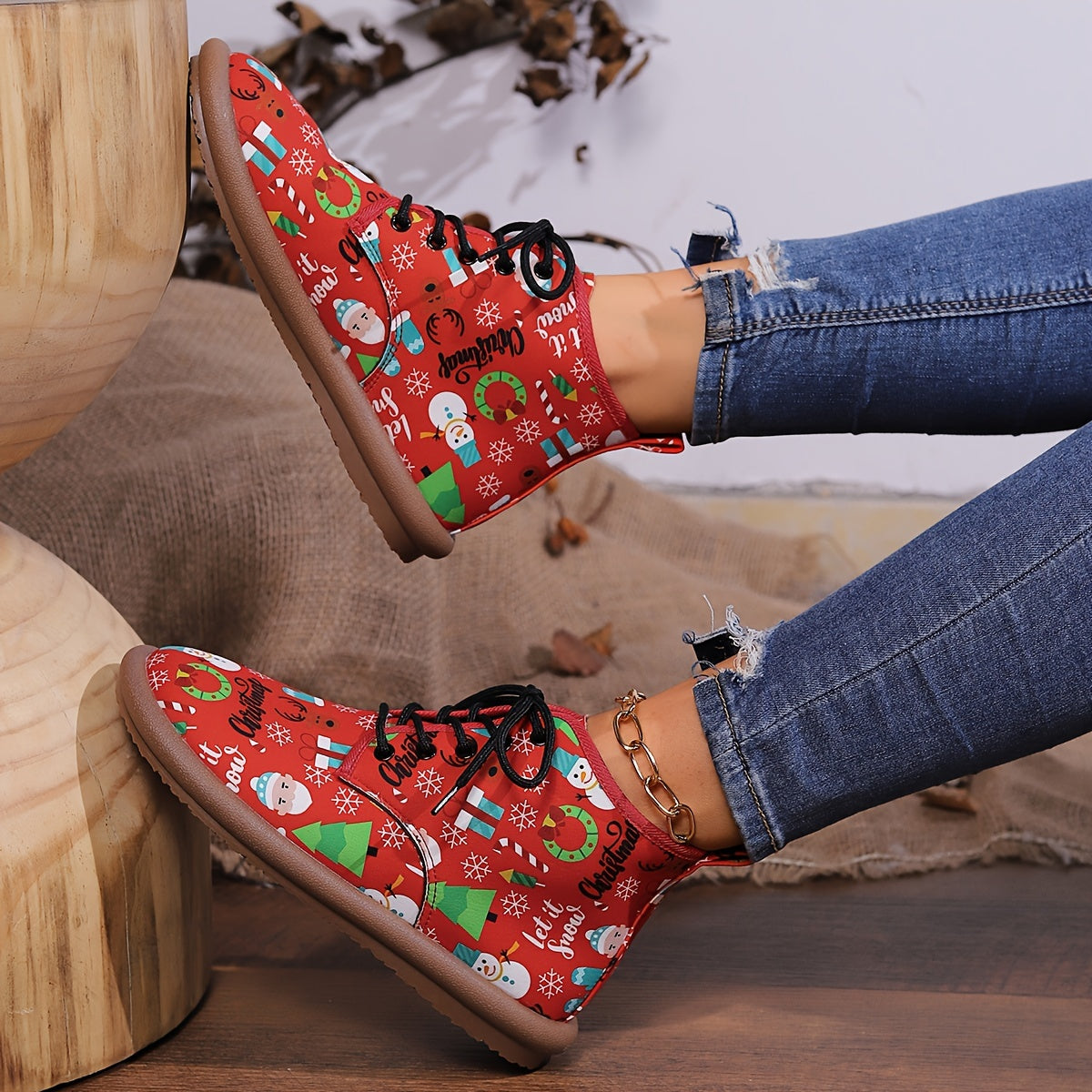 Christmas Lace-up Front Ankle Boots for Women