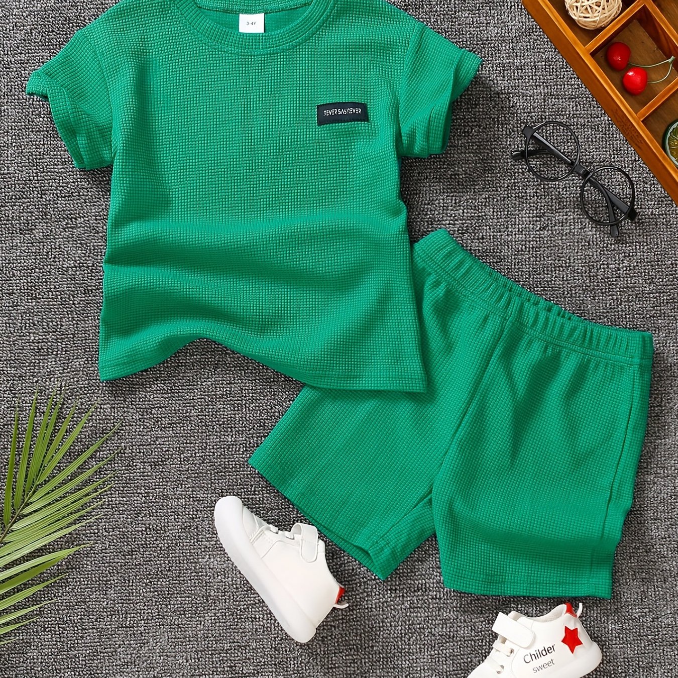 Boys Waffle Pattern Casual Outfit - T shirt & Shorts For Summer