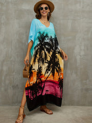 Beach Print Cover Up Dress V Neck Bat Sleeve