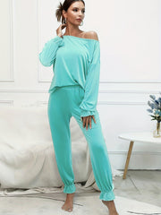 Solid One Shoulder Lantern Sleeve Top & Pants Set