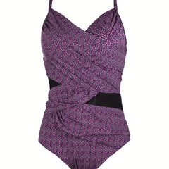 Geometric Print V Neck Tummy Control One Piece Swimsuit