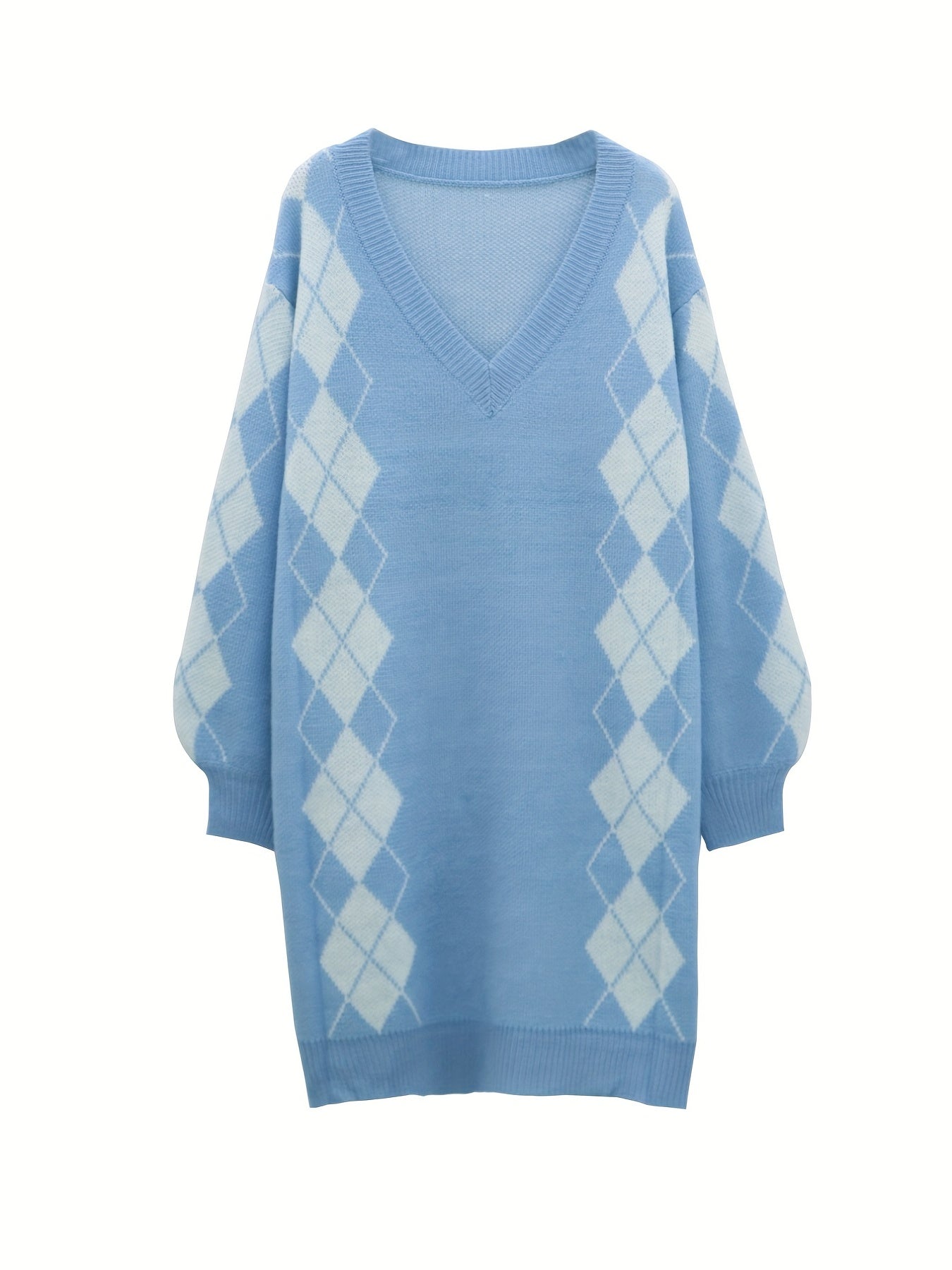 Argyle Print Casual Sweater Dress Long Sleeve V Neck