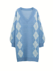 Argyle Print Casual Sweater Dress Long Sleeve V Neck