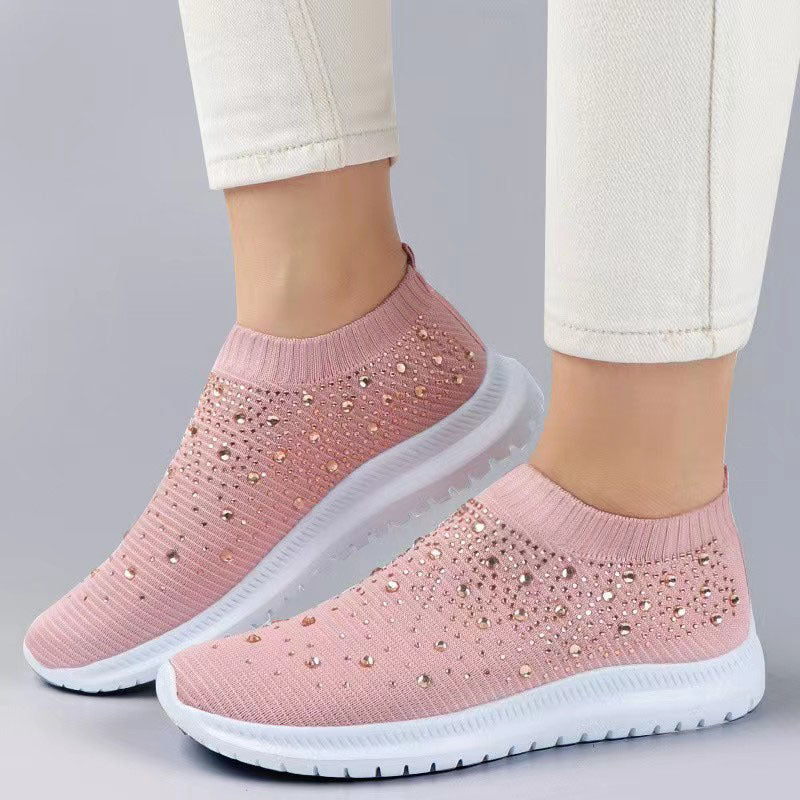 Faux Rhinestone Knitted Slip-On Sports Shoes for Women