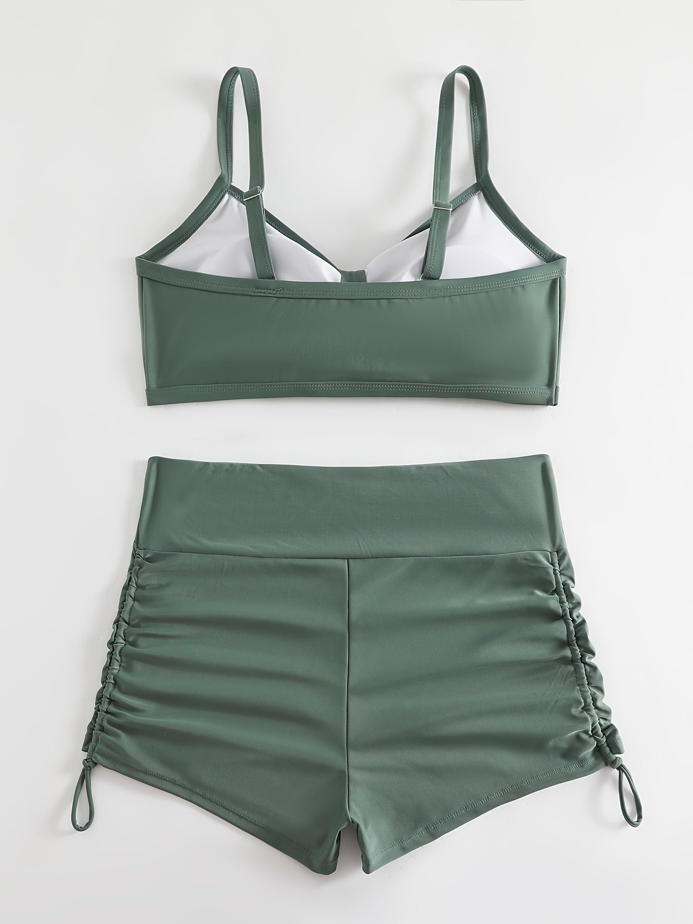 Vacay Bikini Set Solid V Neck Padded Bra & Lace Up Shorts Swimsuit