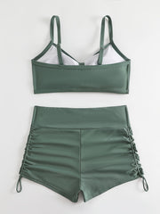 Vacay Bikini Set Solid V Neck Padded Bra & Lace Up Shorts Swimsuit