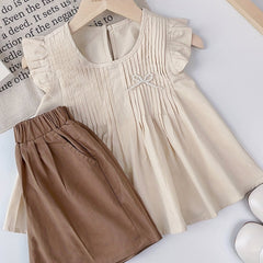 Toddler Girl's Cotton Shirt & Shorts Set with Bowknot - Summer Outfit