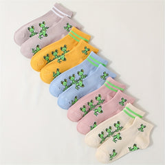 10 Pairs Cartoon Frog Print Socks Comfy & Short Women's Stockings