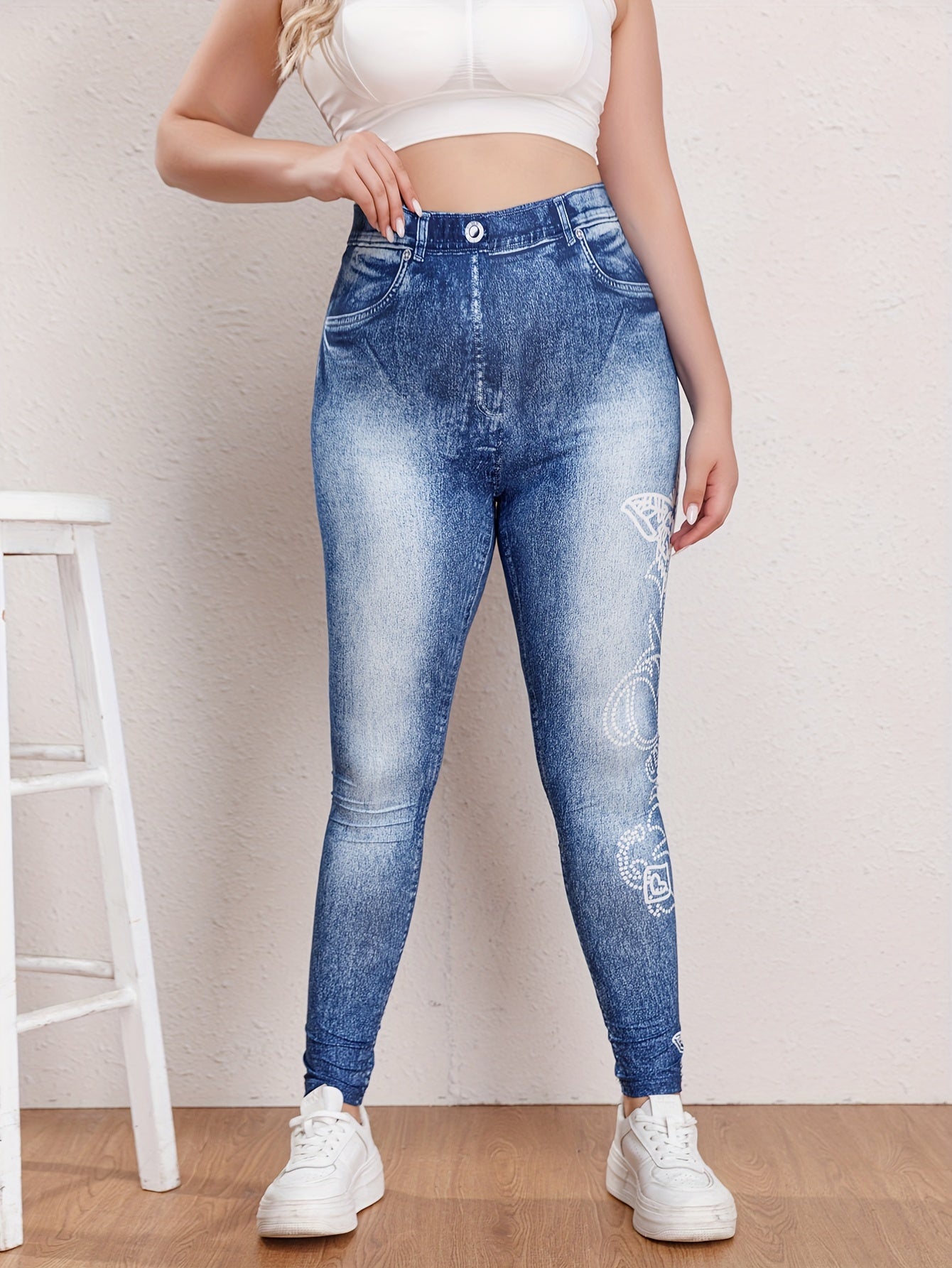 Casual Butterfly & Denim Print High Rise Leggings