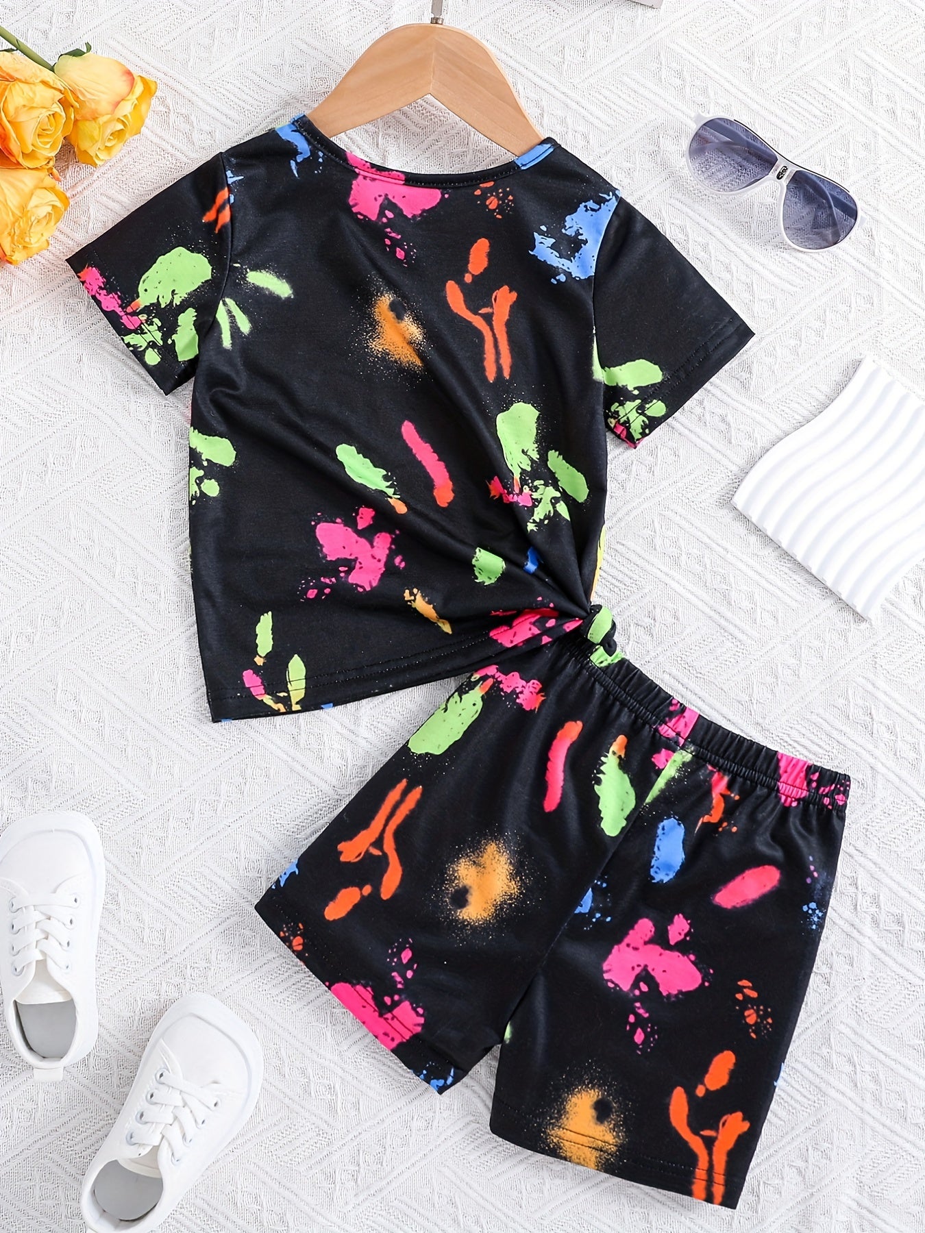 Kids Fluorescent Graphic T shirt & Short Set For Summer
