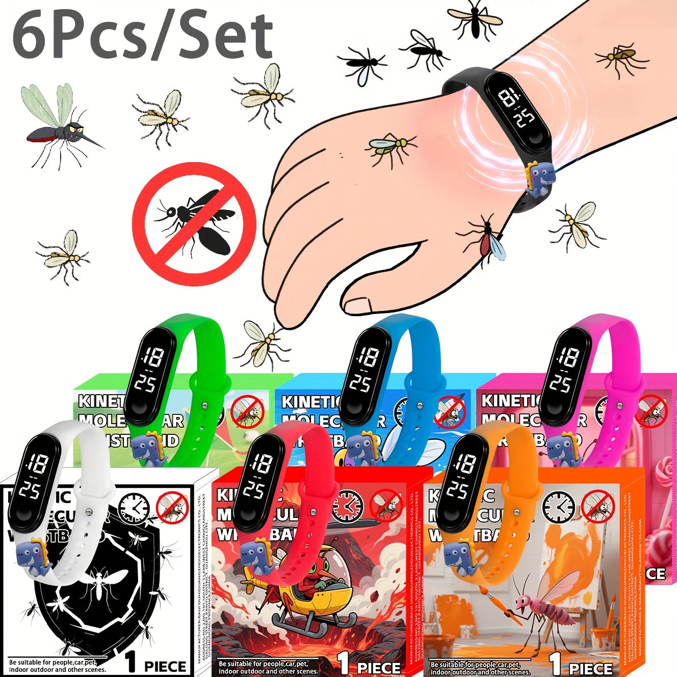 Small Dinosaur Electronic Mosquito Repellent Bracelets Set of 6
