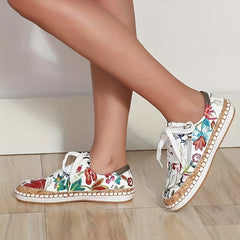 Floral Print Flat Sneakers Lace Up Low Top PU Leather Walking Shoes