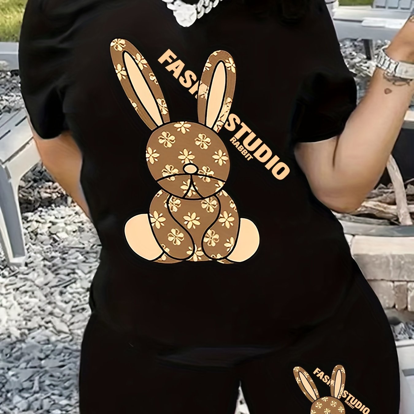 Cartoon Rabbit Print Top & Shorts Set