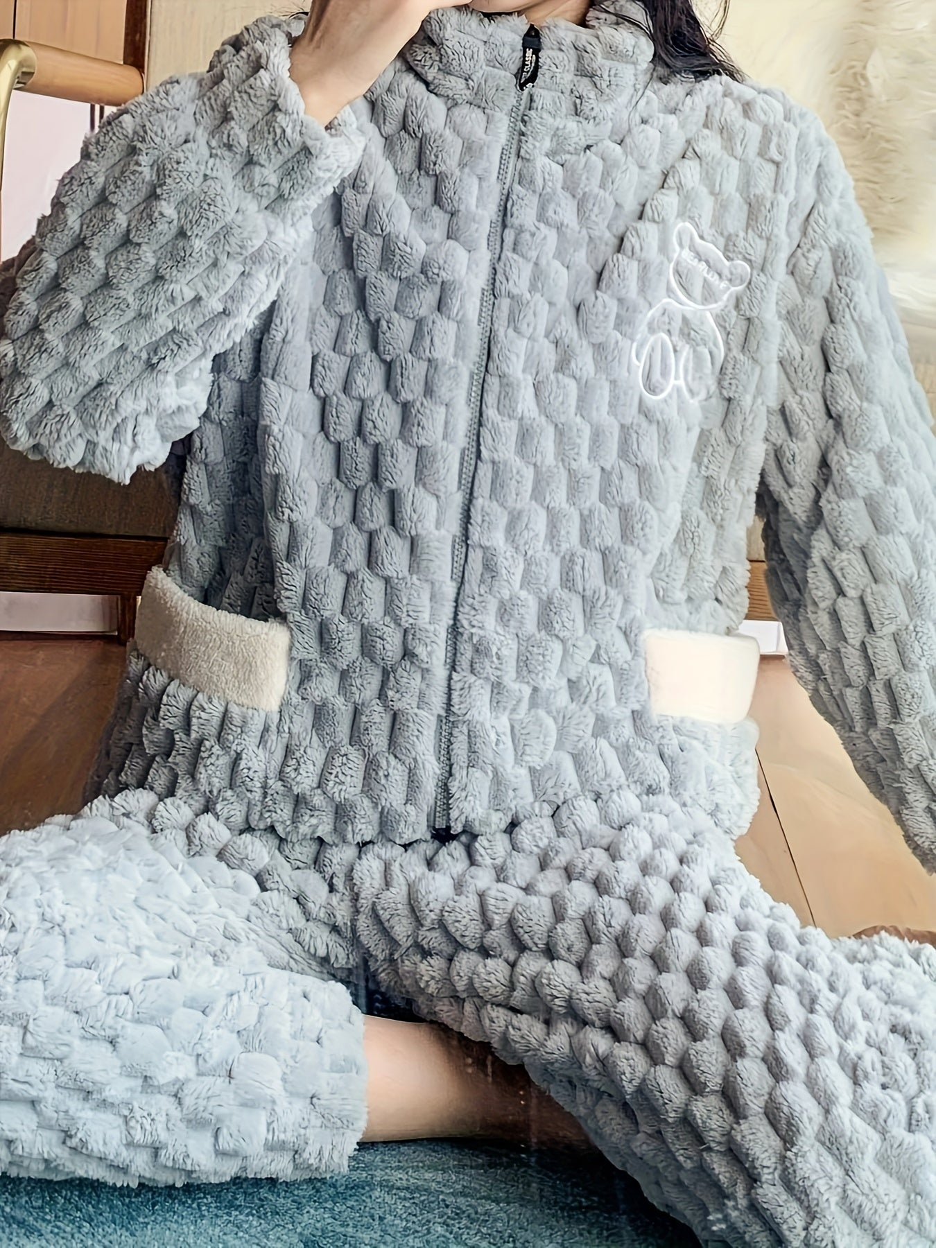 Bear Print Fuzzy Lounge Set Long Sleeve Zipper Top & Pants