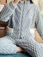 Bear Print Fuzzy Lounge Set Long Sleeve Zipper Top & Pants