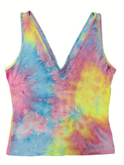 Tie Dye Print Tank Top V Neck Summer Sleeveless Women's Clothing