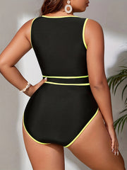Sporty Plus Size Colorblock Zipper Front One Piece Swimsuit