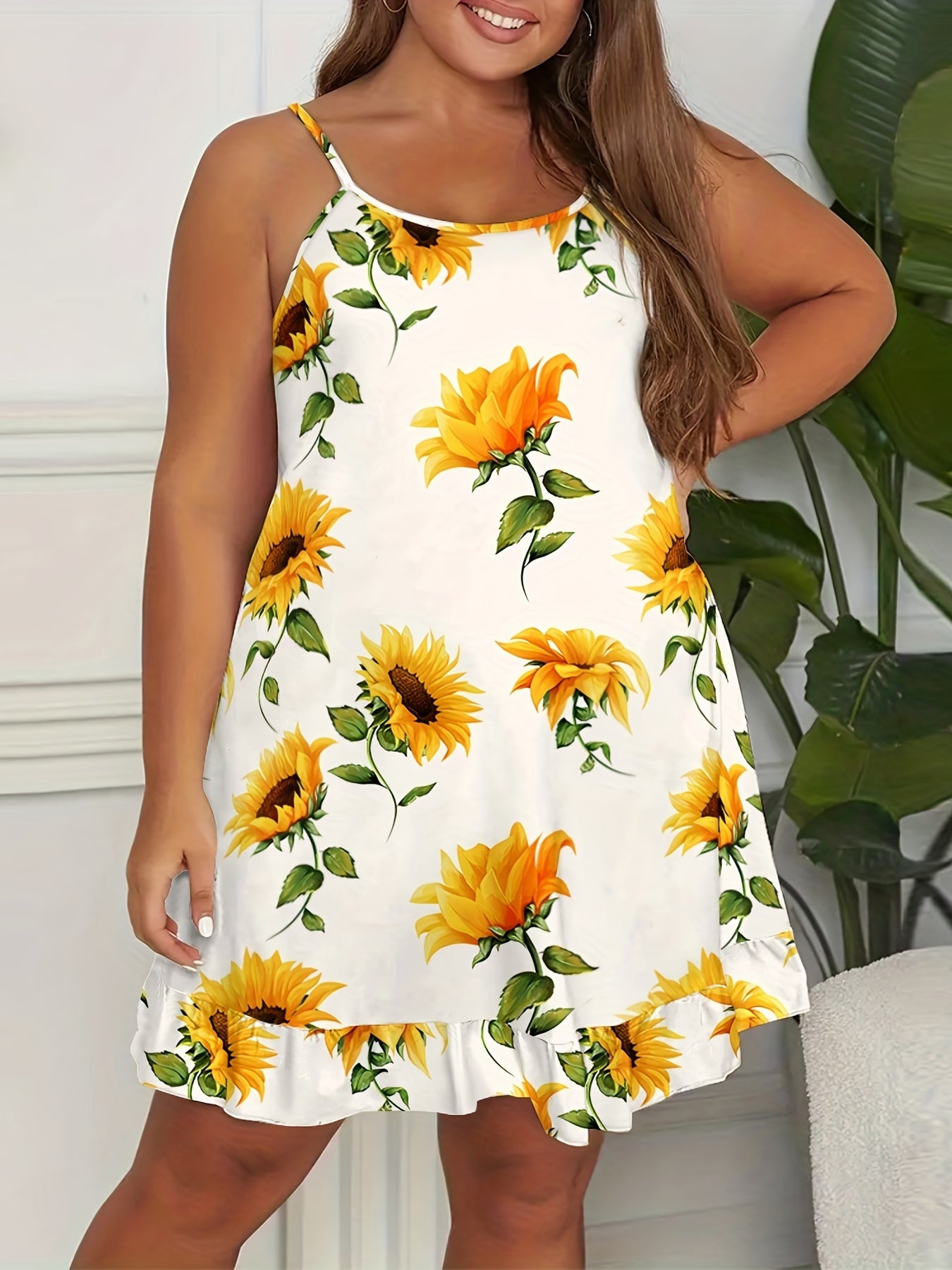 Sunflower Print Ruffle Trim Cami Sleep Dress