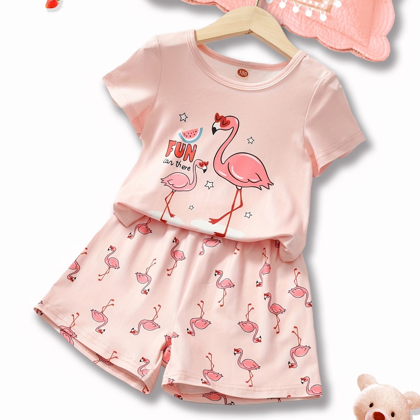 2pcs Toddler Girls Flamingo T shirt & Shorts Set Loungewear Pajamas Suit