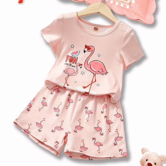 2pcs Toddler Girls Flamingo T shirt & Shorts Set Loungewear Pajamas Suit