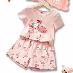 2pcs Toddler Girls Flamingo T shirt & Shorts Set Loungewear Pajamas Suit