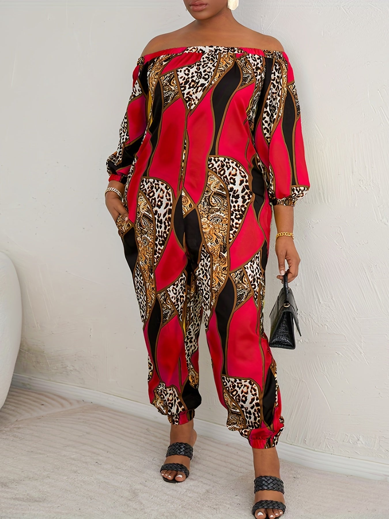 Off Shoulder Scarf Print Jumpsuit